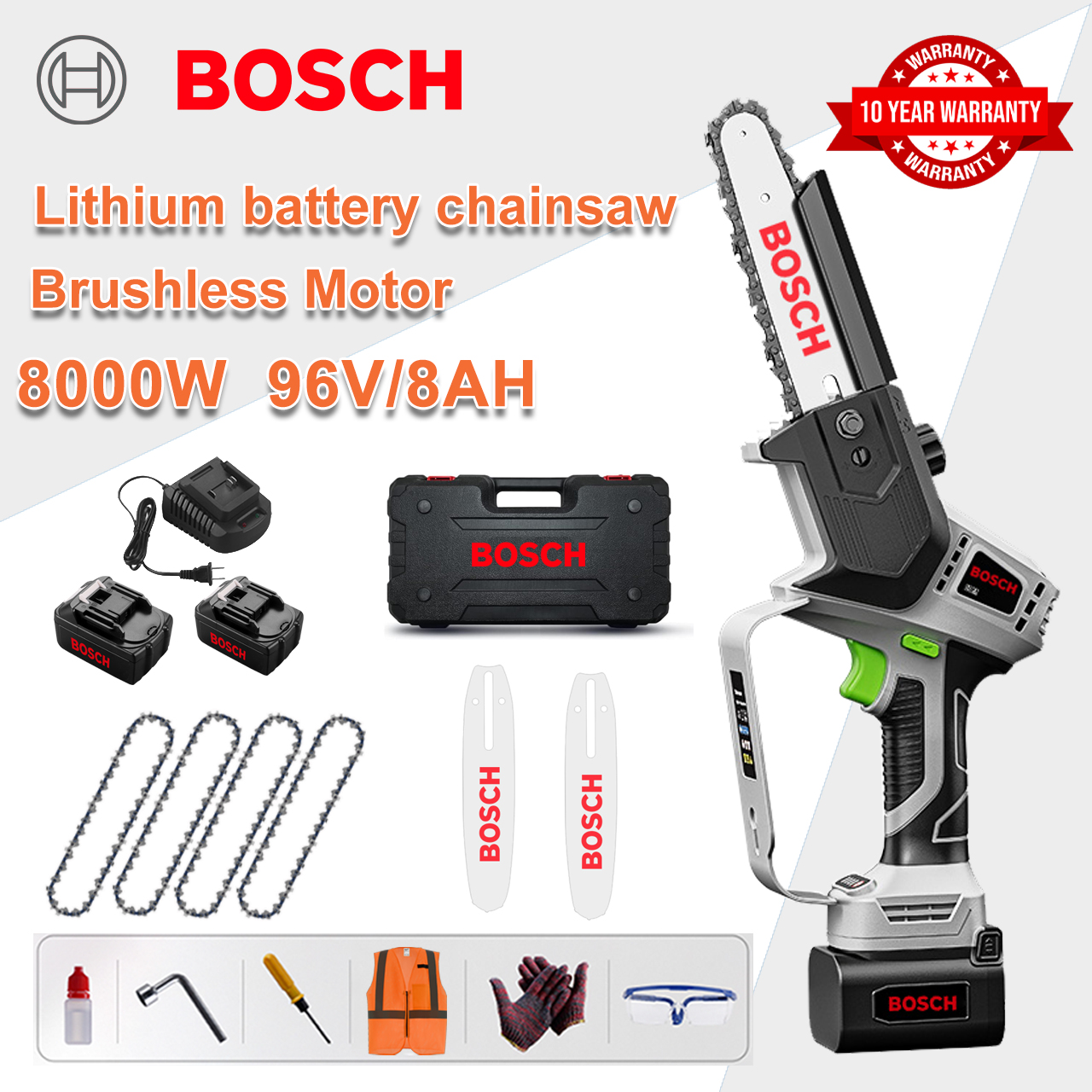 [Prodloužená verze/10letá záruka] 10palcová elektrická pila s lithiovým akumulátorem o výkonu 10 000 W, 2 x 72V baterie, nabíječka, 2 x vodicí lišty, 4 x řetězy, bedna na nářadí, mazivo a ochranné brýle, výkonný motor pro efektivní řezání kamene.